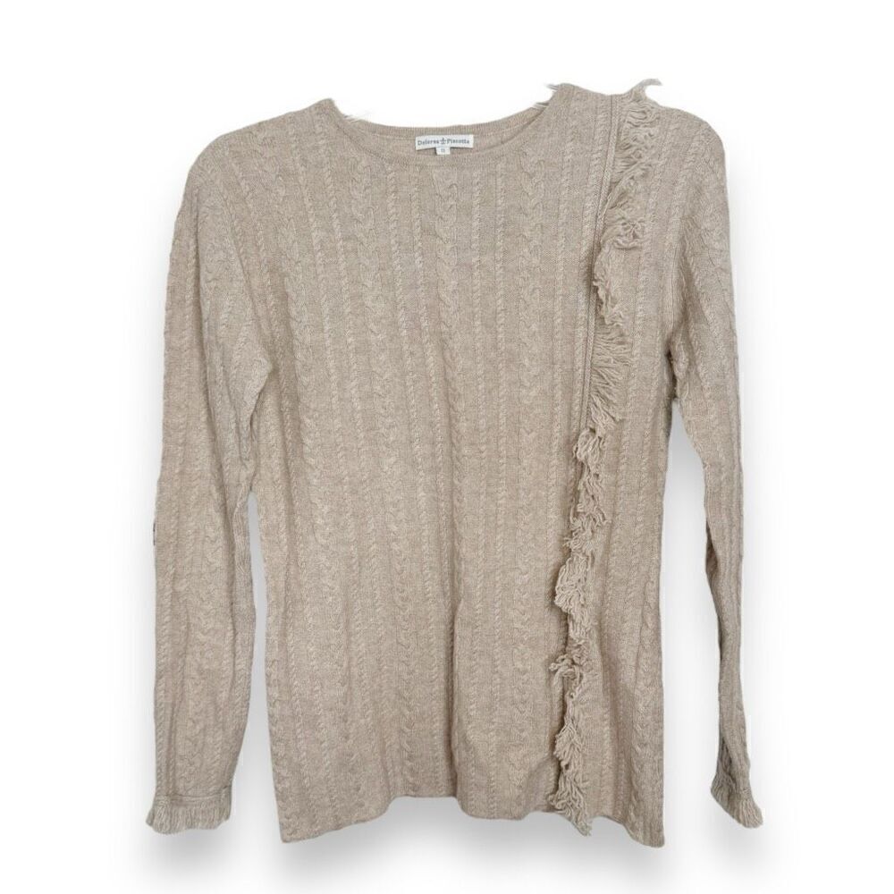 Dolores Piscotta Neutral Tan Cable Knit Cashmere Sweater with Fringe Women’s S